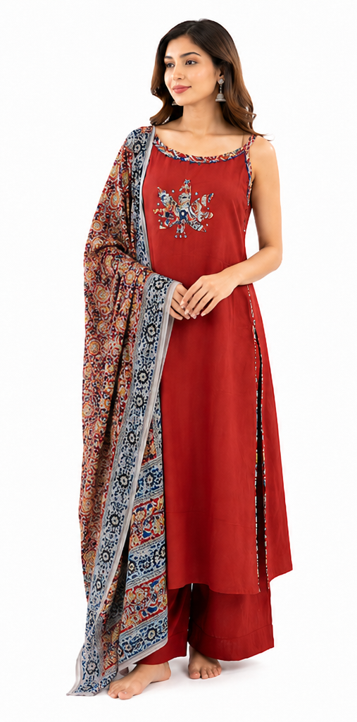 Maroon Cotton Kurta Palazzo Set with Printed Dupatta