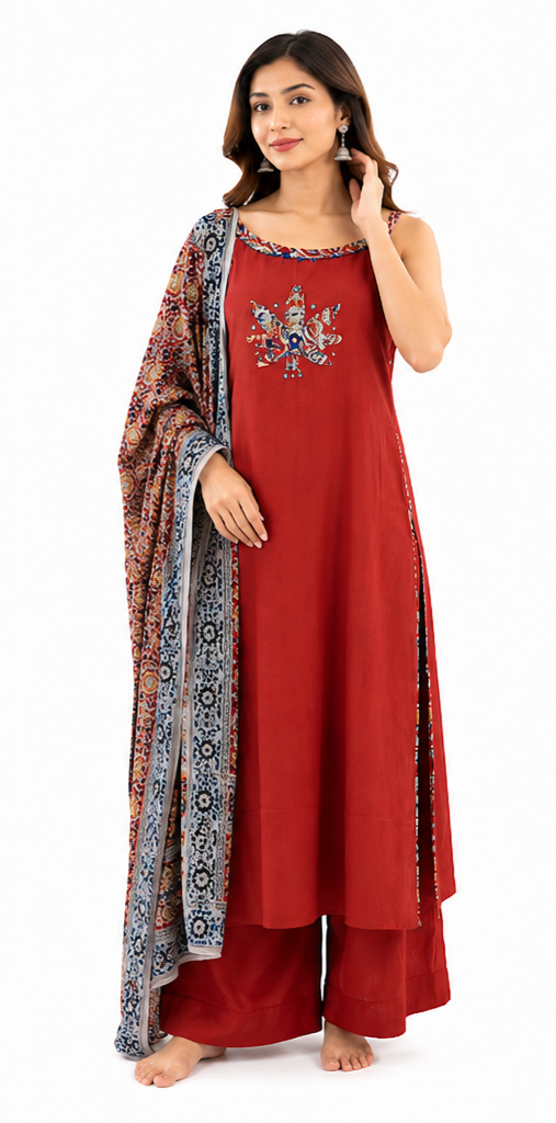 Maroon Cotton Kurta Palazzo Set with Printed Dupatta