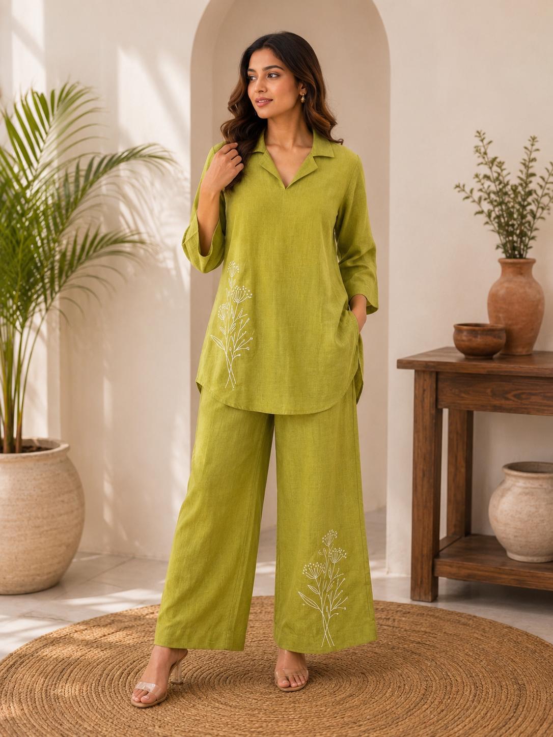 Olive Green Floral Embroidered Lapel Collar Top & Wide-Leg Pants Co-Ord Set