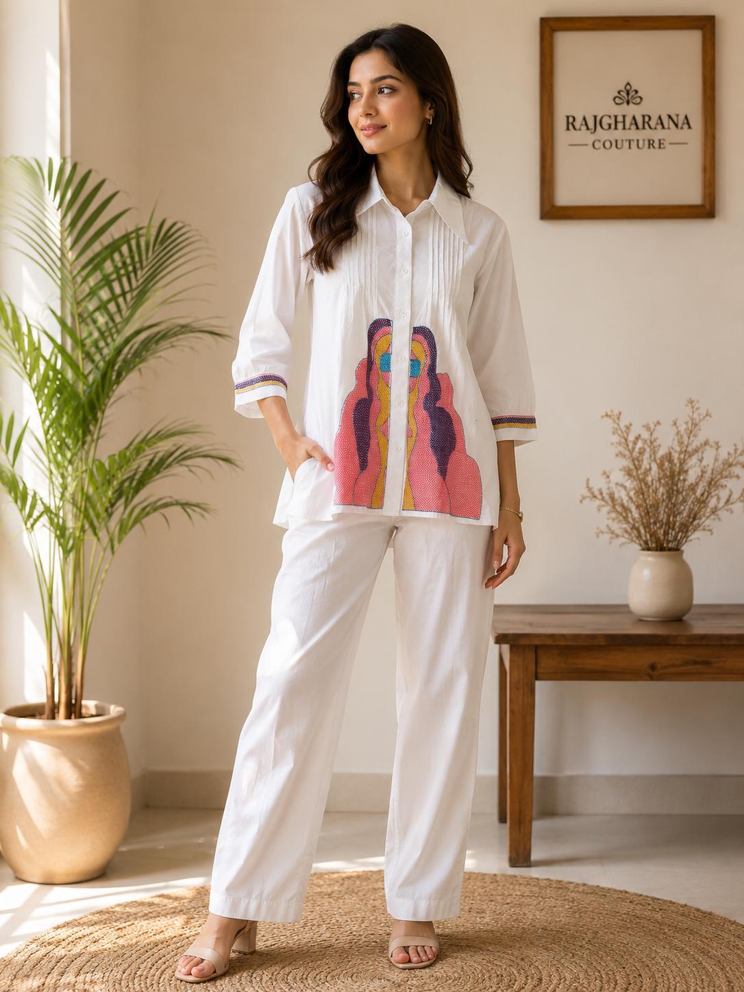 White Abstract Art Print Pintuck Shirt & Straight Pants Co-Ord Set