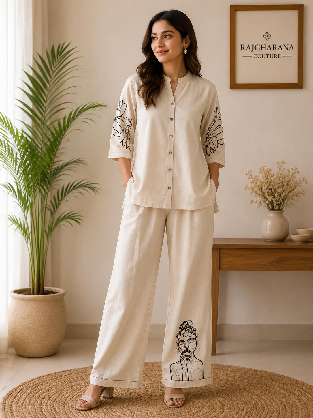 Beige Line Art Floral & Figure Embroidered Mandarin Collar Top & Wide-Leg Pants Co-Ord Set
