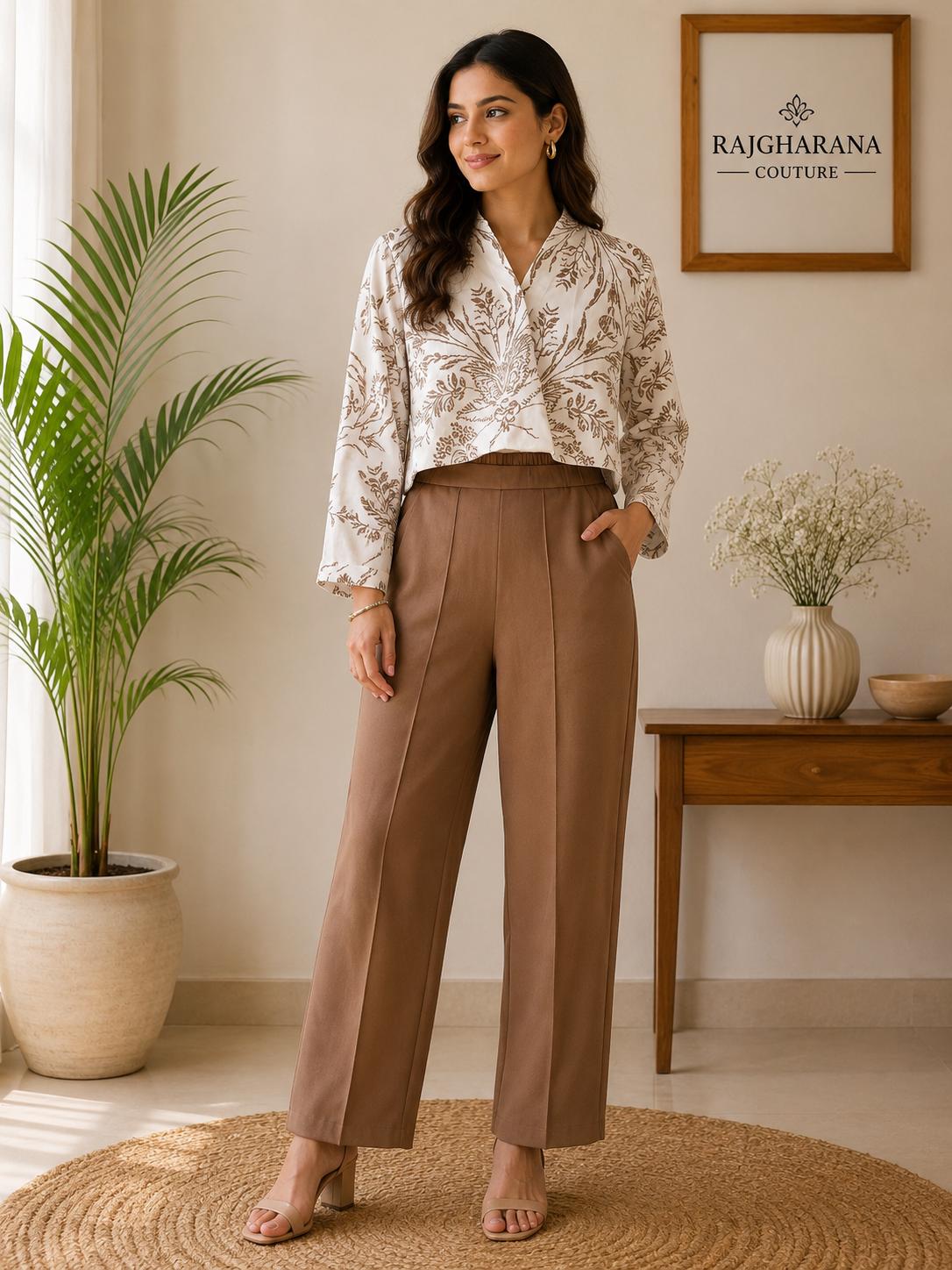 Ivory Botanical Block Print Twisted Crop Top & Brown Straight Pants Co-Ord Set
