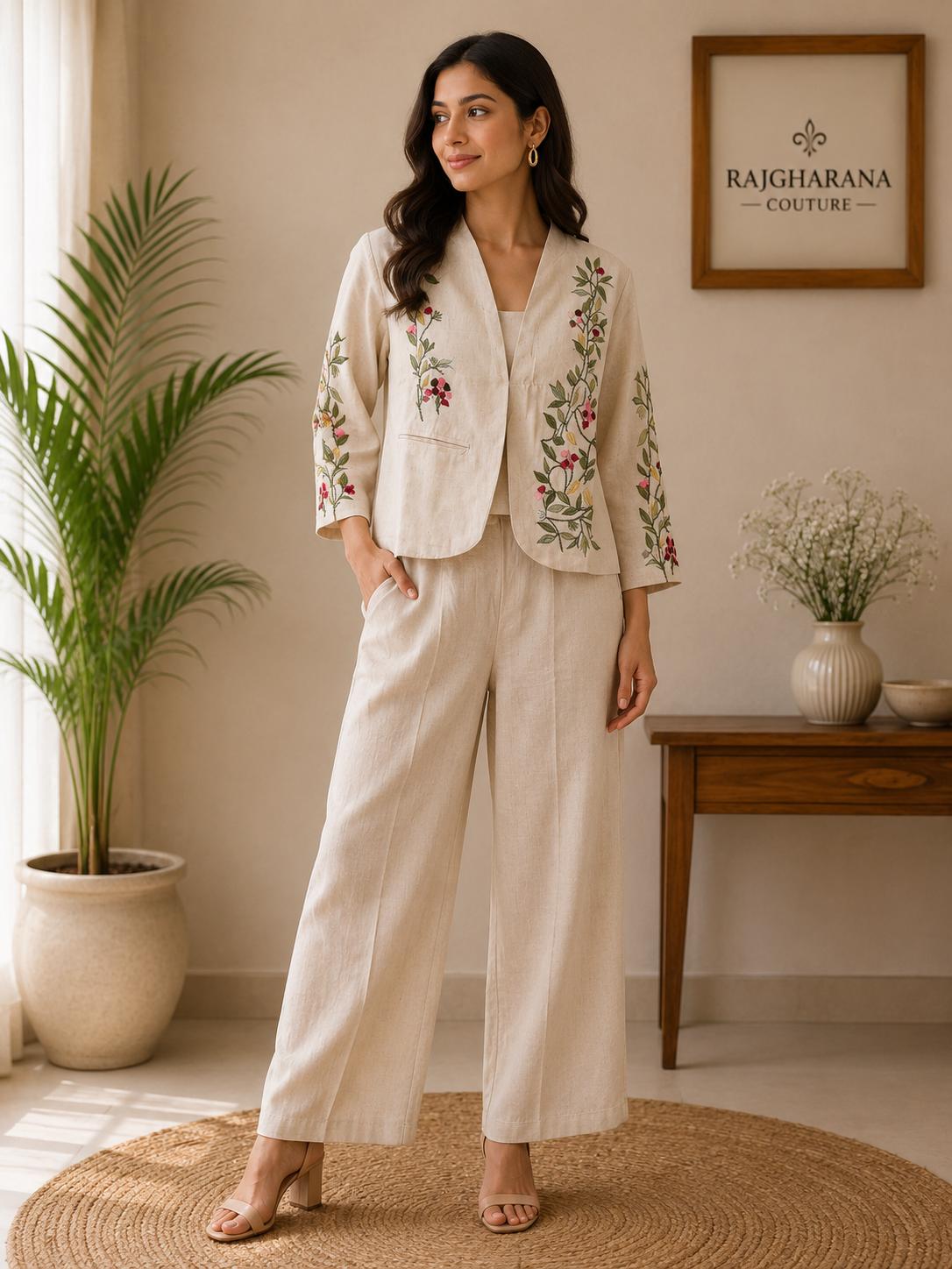 Beige Linen Floral Embroidered Open Jacket & Wide-Leg Pants Co-Ord Set