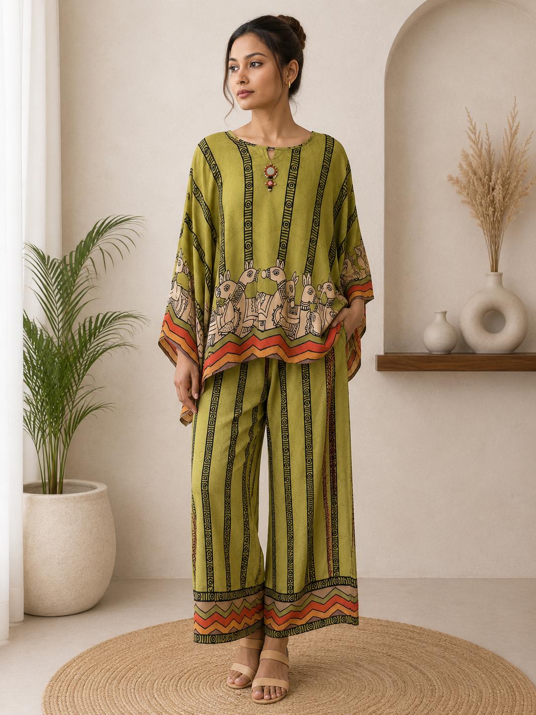 Olive Green Pichwai Elephant Print Kaftan Top & Wide-Leg Palazzo Pants Co-Ord Set