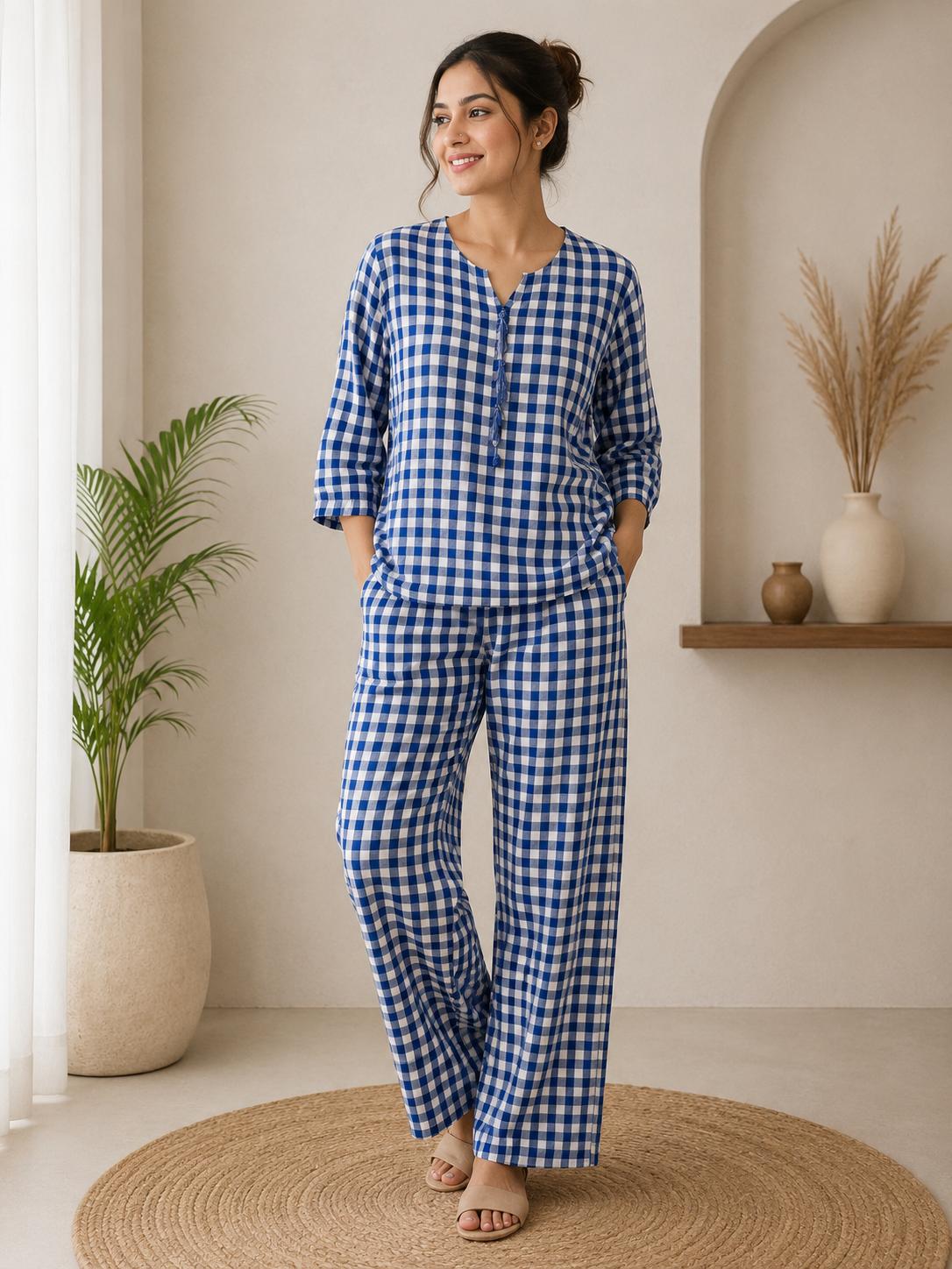 Royal Blue & White Gingham Check V-Neck Top & Wide-Leg Pants Co-Ord Set