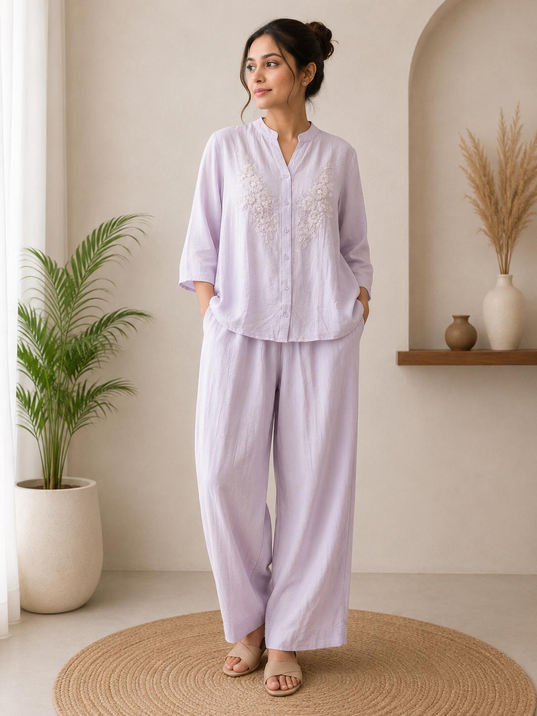Lavender Linen 3D Floral Applique Mandarin Collar Top & Relaxed Pants Co-Ord Set
