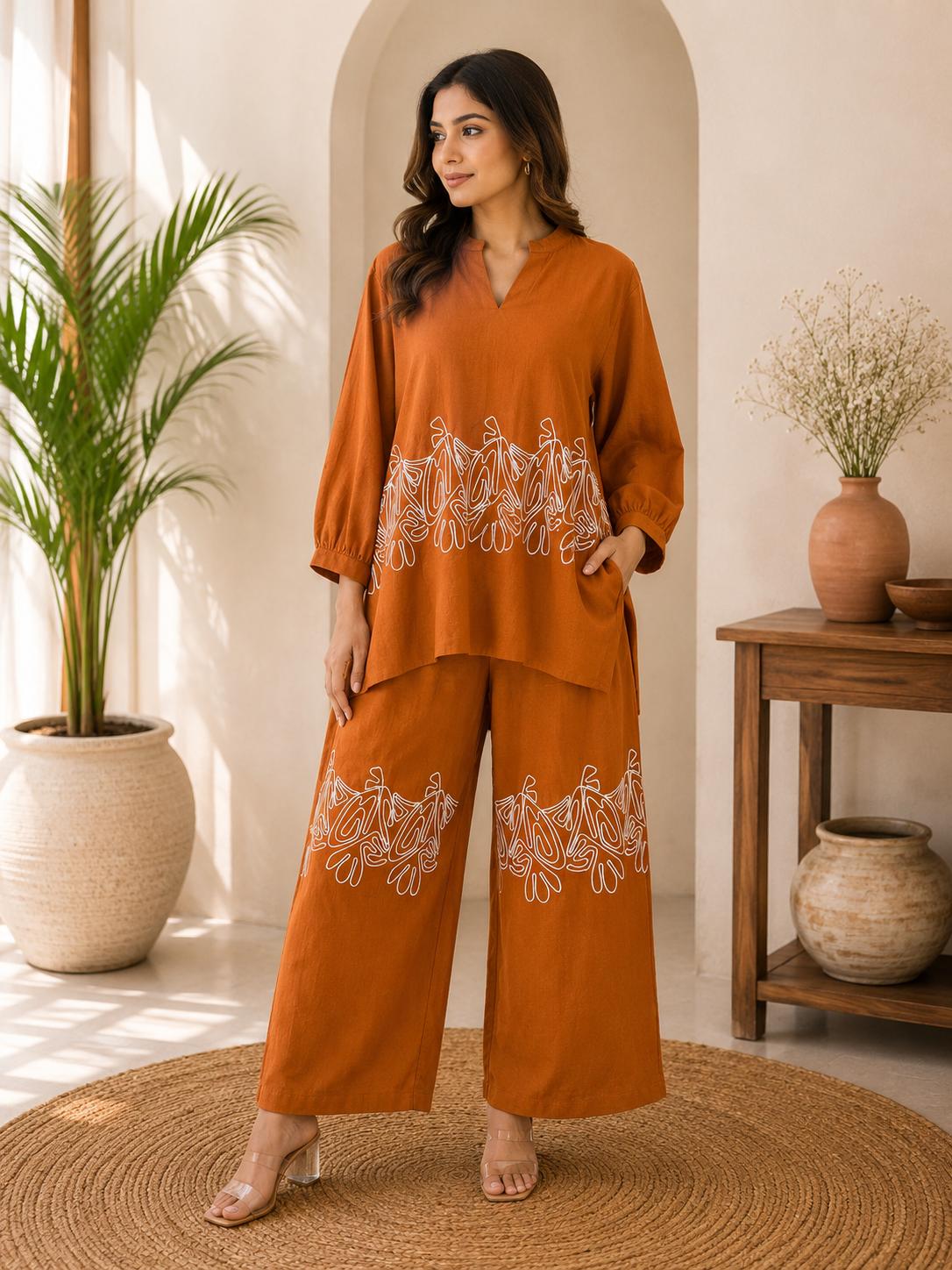 Rust Orange Abstract Embroidered Border Oversized Top & Wide-Leg Pants Co-Ord Set