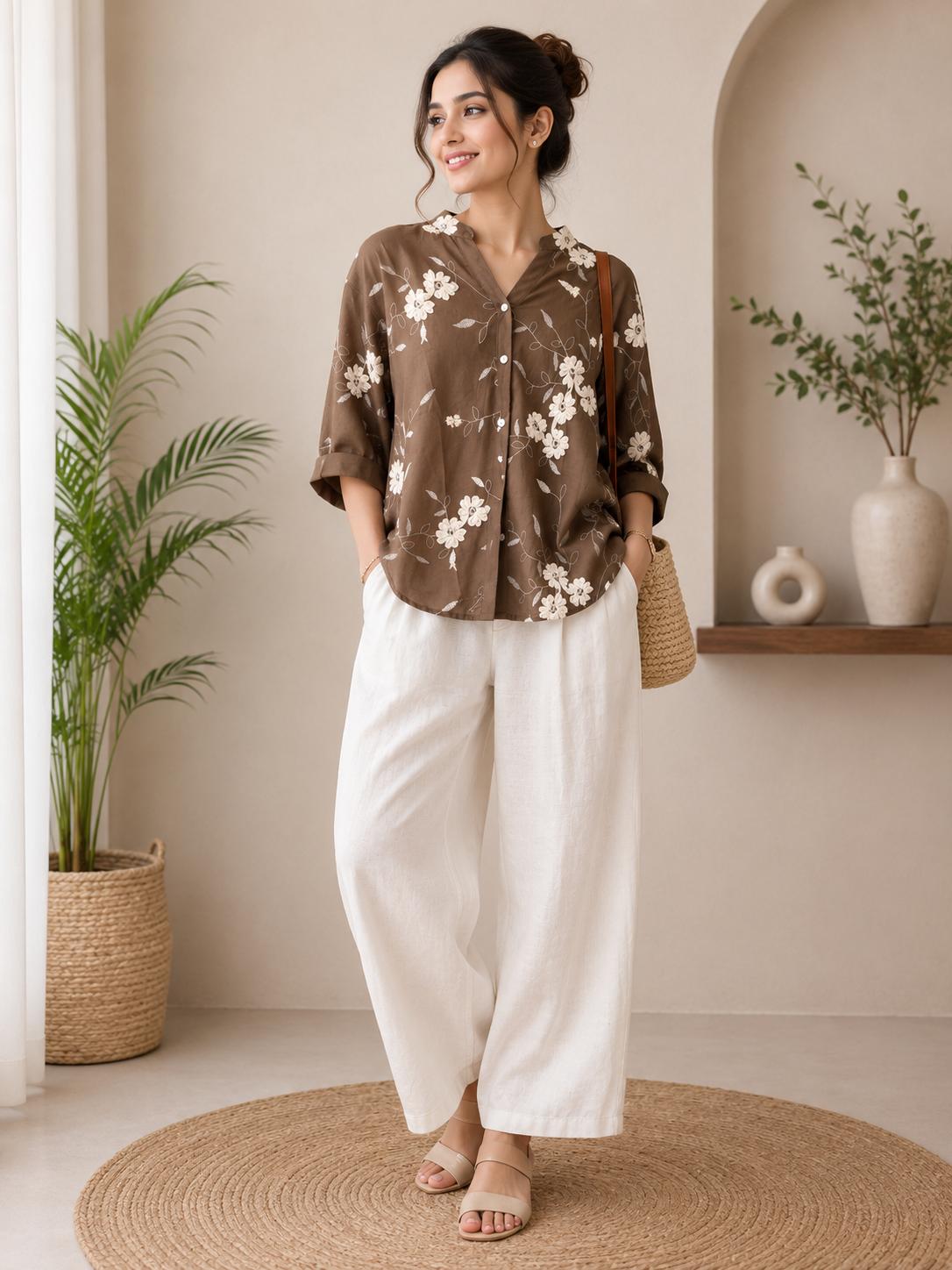 Mocha Brown Daisy Floral Print Mandarin Collar Top & White Wide-Leg Pants Co-Ord Set