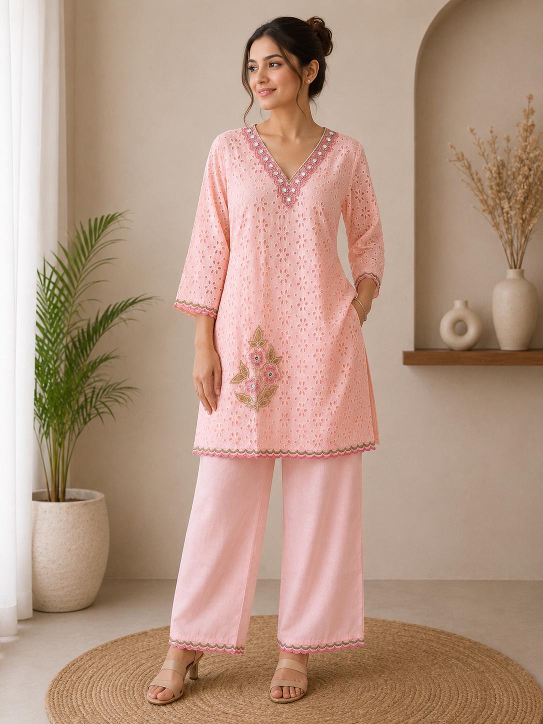 Peach Pink Schiffli Eyelet Mirror Work V-Neck Top & Wide-Leg Pants Co-Ord Set
