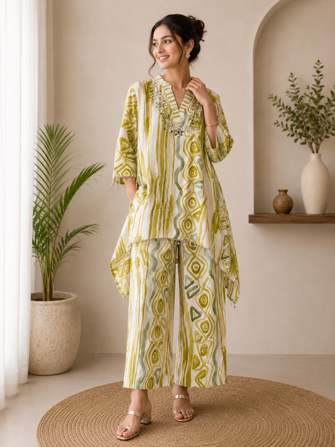 Lime Green & White Abstract Stripe Print Mirror Work Asymmetric Tunic & Wide-Leg Pants Co-Ord Set