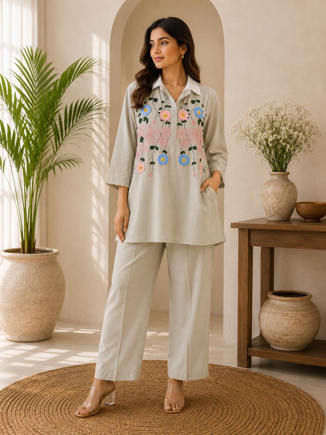 Grey Sage Green 3D Applique Floral Collar Shirt Top & Straight Pants Co-Ord Set