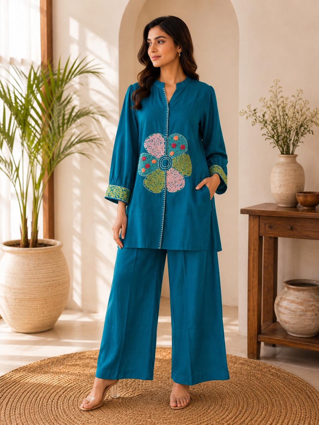 Teal Blue Large Applique Flower Mandarin Collar Top & Wide-Leg Pants Co-Ord Set