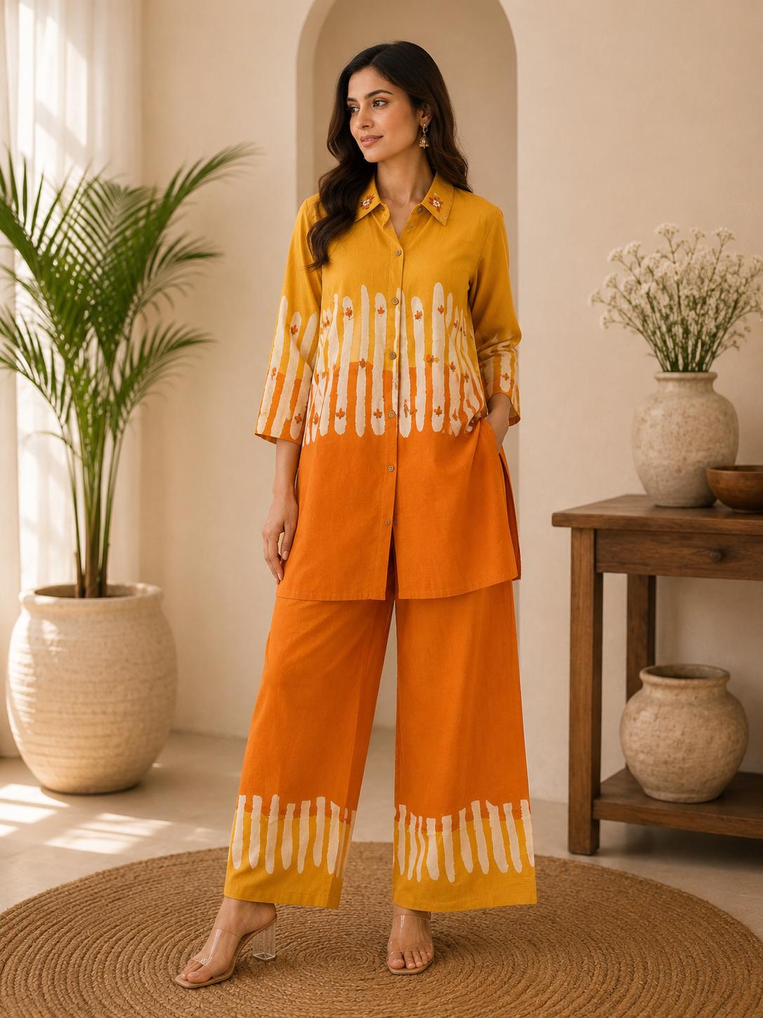 Mustard & Orange Shibori Tie-Dye Print Shirt Top & Wide-Leg Pants Co-Ord Set