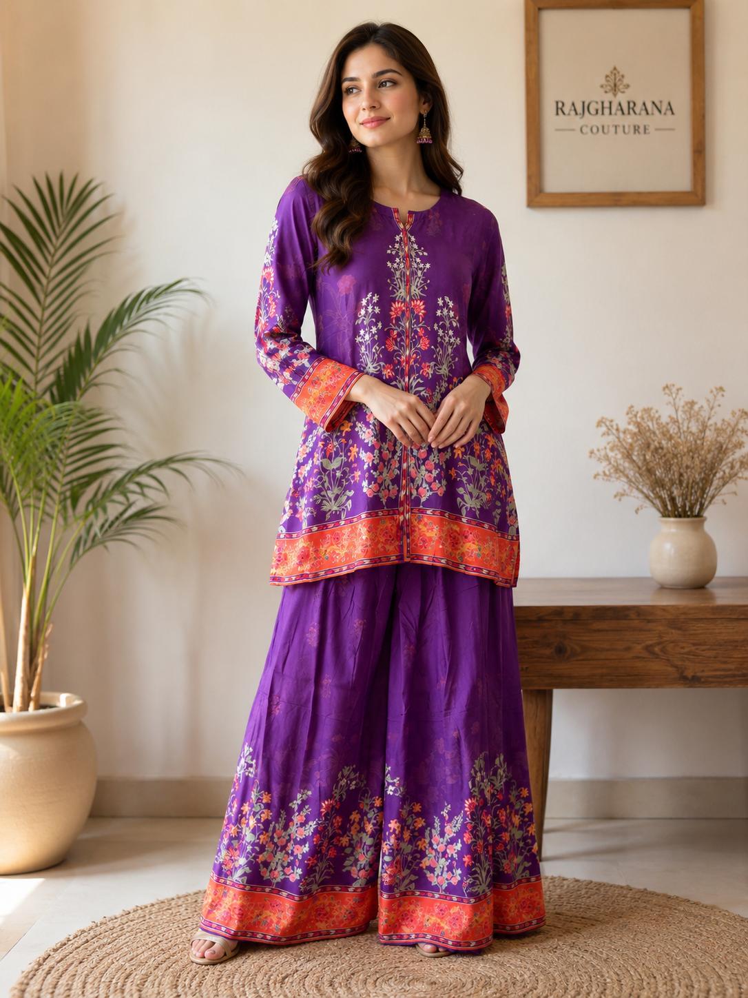 Purple Floral Block Print Kurti & Flared Skirt Co-Ord Set