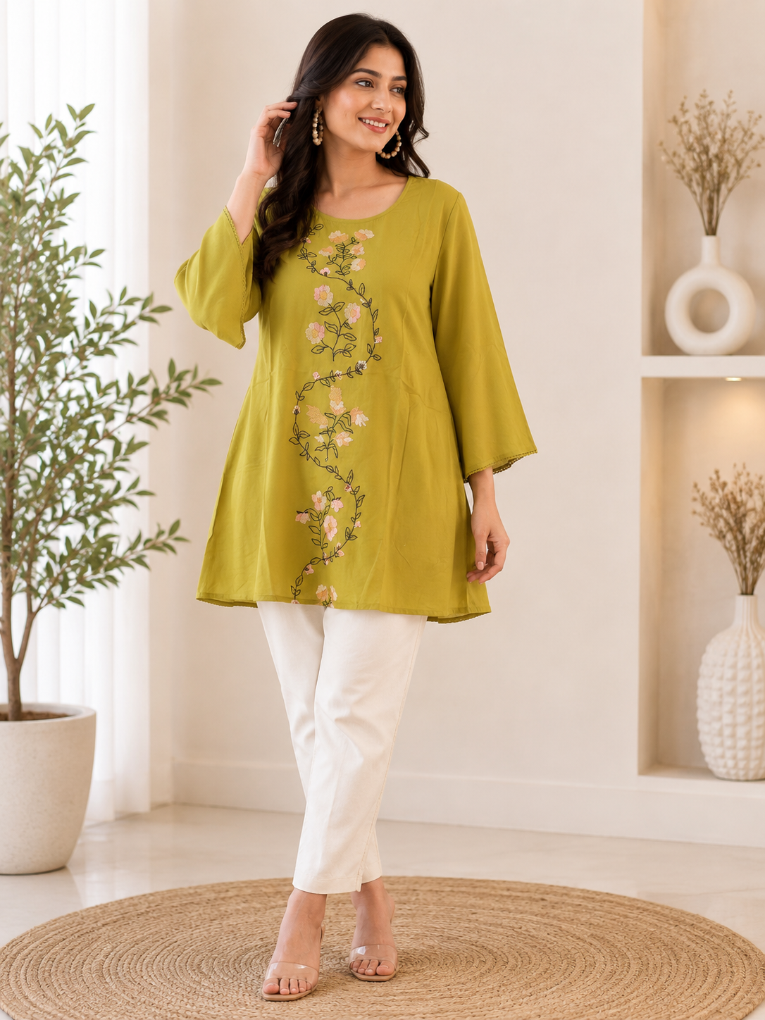 Olive Green Floral Embroidered A-Line Tunic
