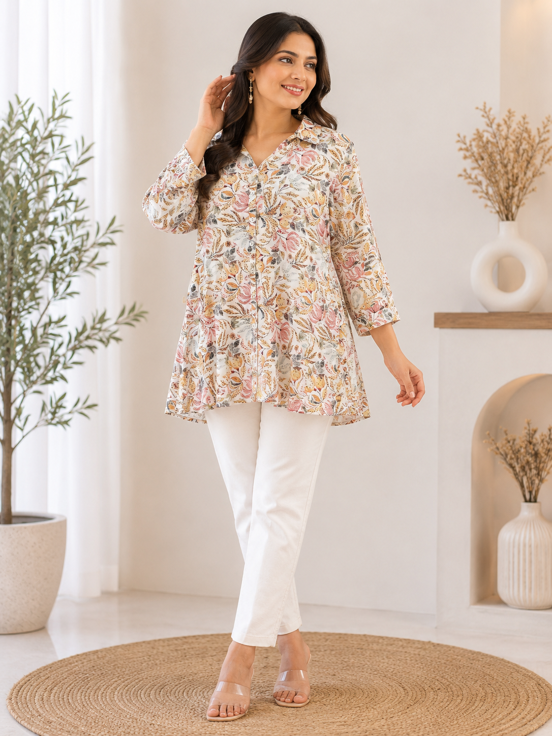 Ivory Multicolor Floral Print Shirt Tunic
