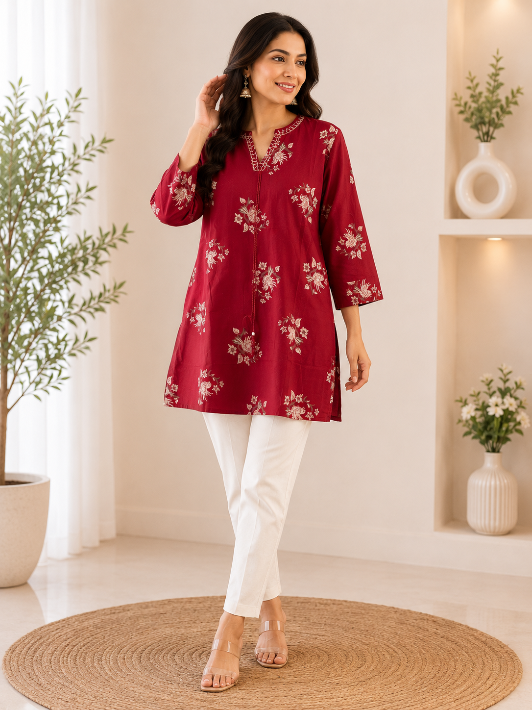 Deep Red Floral Print Tasseled V-Neck Tunic