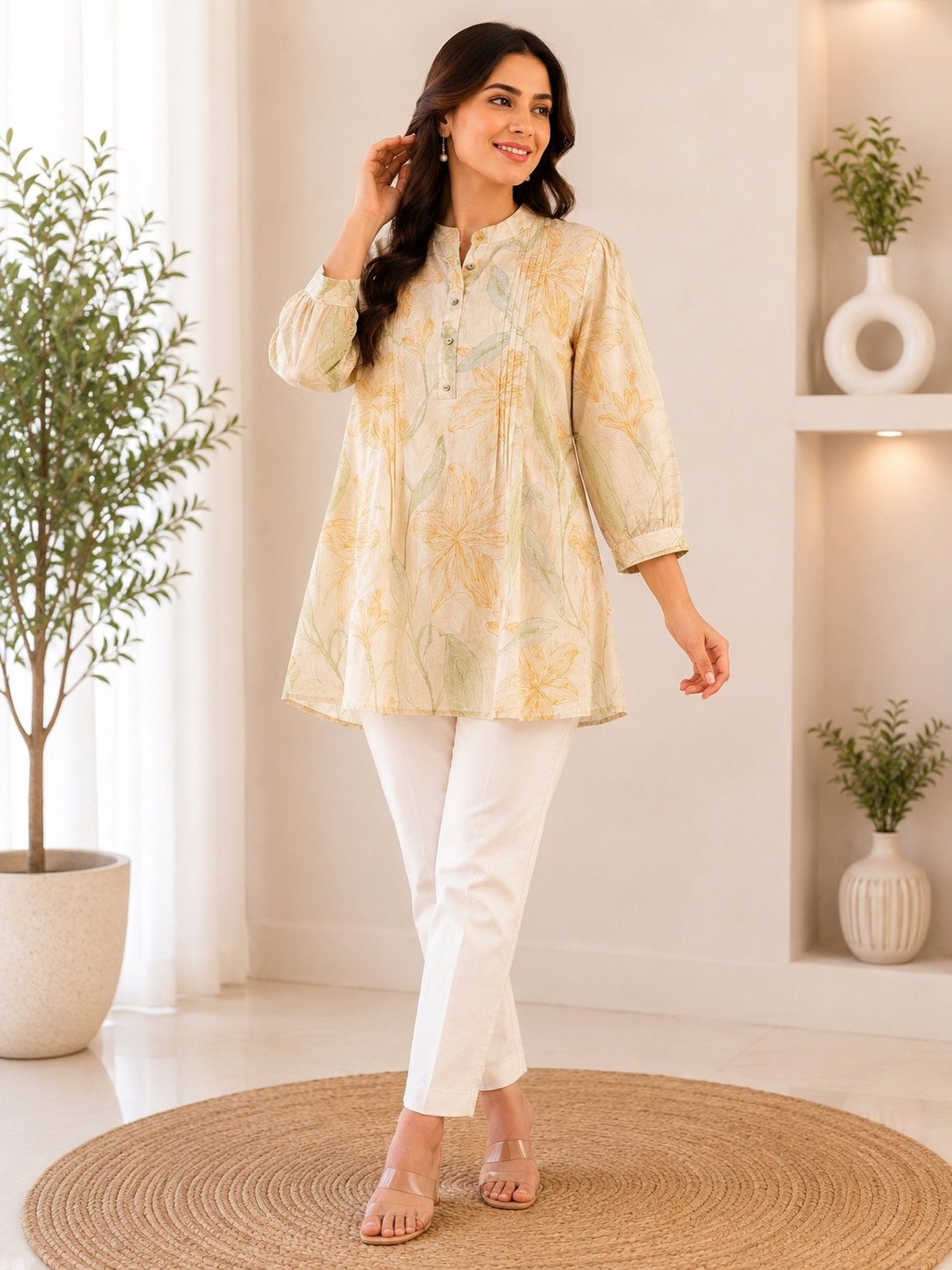 Ivory Floral Print Pintuck Mandarin Collar Tunic
