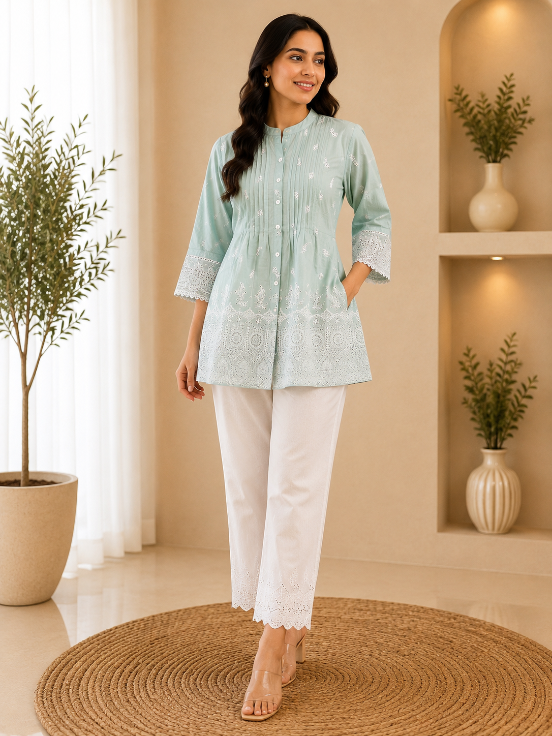 Sea Green Pintuck Lace Hem Tunic
