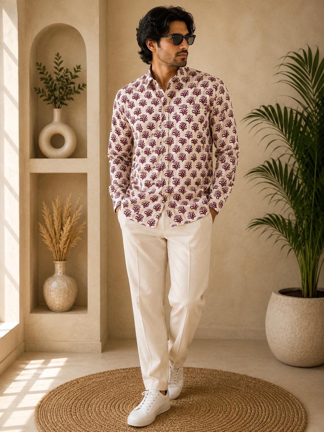 Men's Off White Wine Large Floral Buta Sanganeri Block Print Full Sleeve Shirt