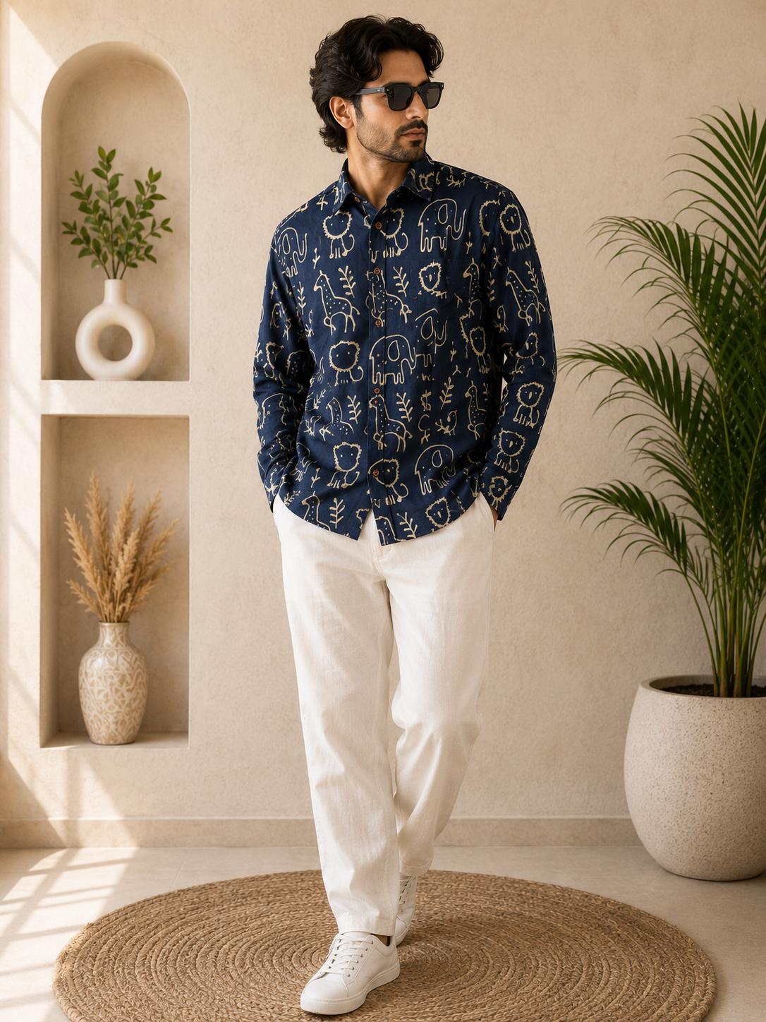 Men's Navy Blue Beige Safari Animal Sanganeri Block Print Full Sleeve Shirt