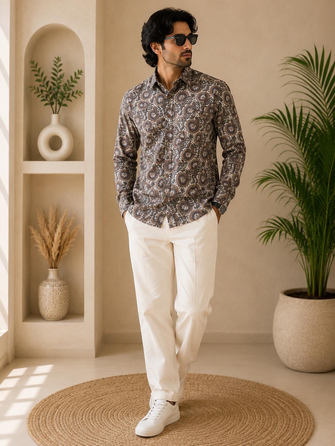 Men's Grey Taupe Brown Circular Medallion Sanganeri Block Print Full Sleeve Shirt