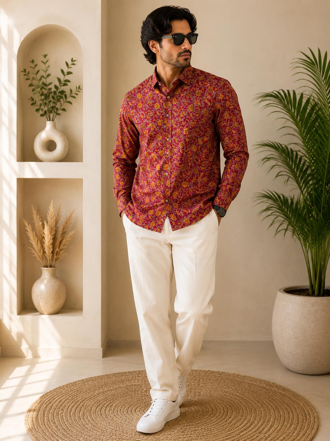 Men's Magenta Pink Golden Floral Sanganeri Block Print Full Sleeve Shirt
