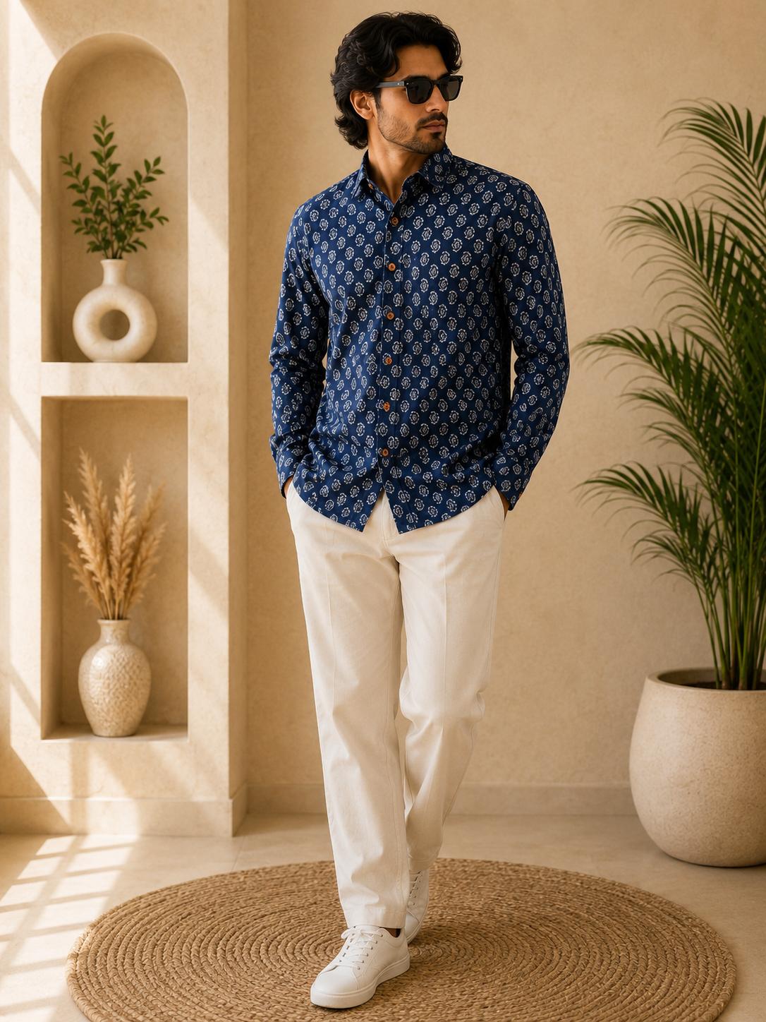 Men's Navy Blue Small White Floral Medallion Sanganeri Block Print Full Sleeve Shirt