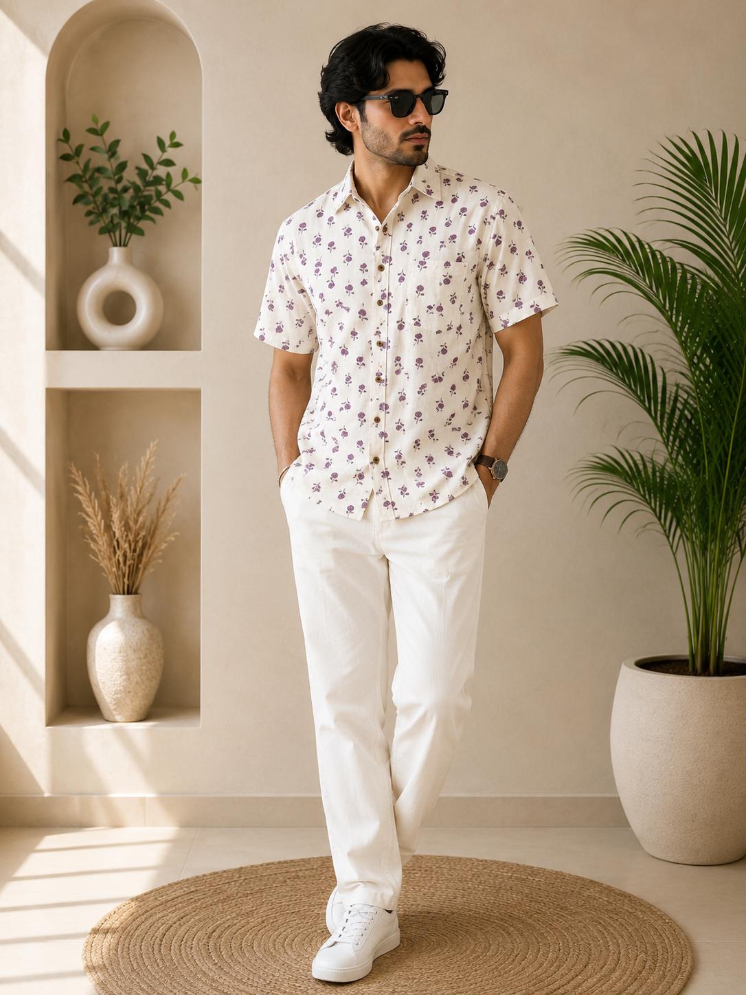 Men's White Small Violet Floral Buti Sanganeri Block Print Half Sleeve Shirt