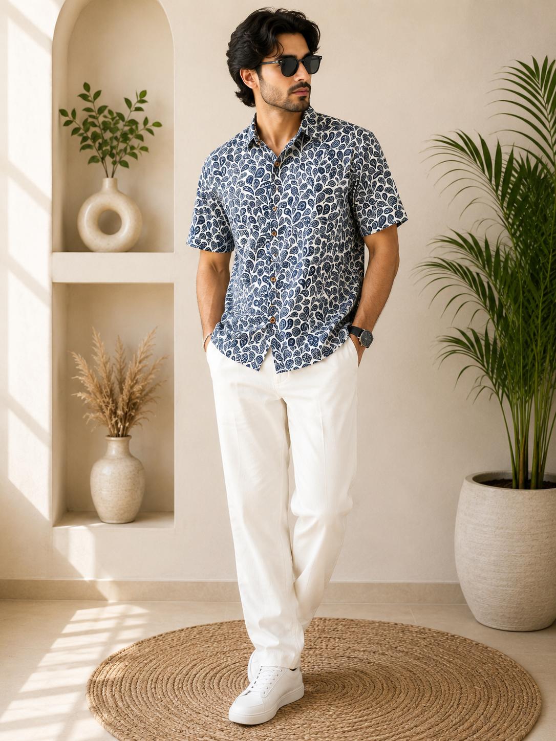 Men's White Navy Blue Large Paisley Floral Sanganeri Block Print Half Sleeve Shirt