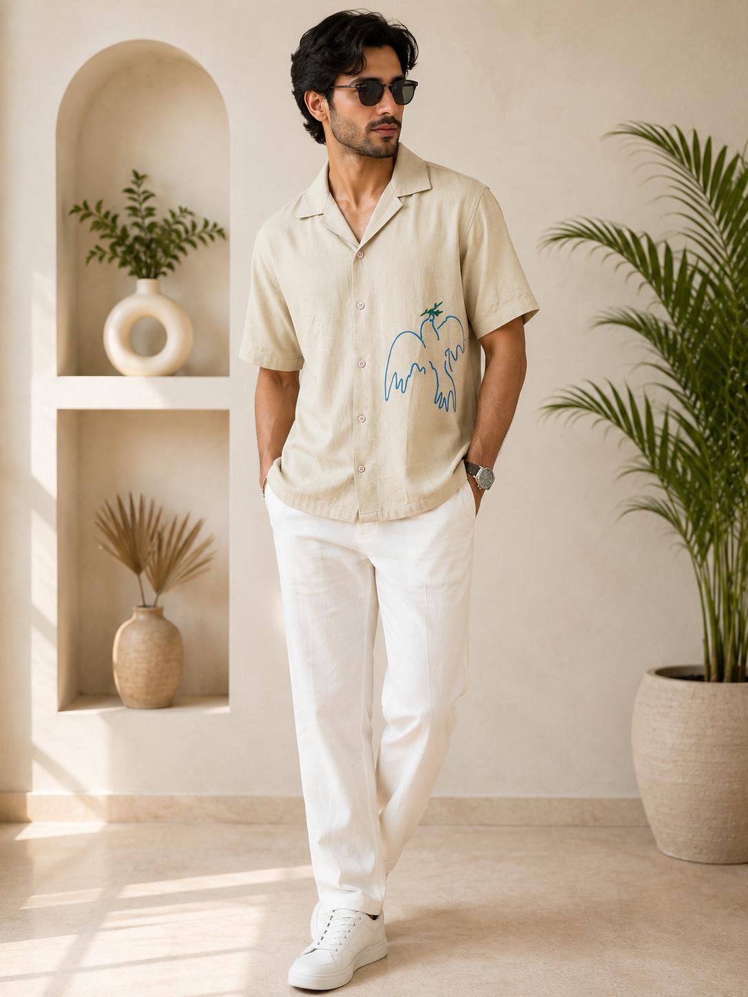 Men's Beige Line Art Bird & Waves Embroidered Cuban Collar Half Sleeve Shirt