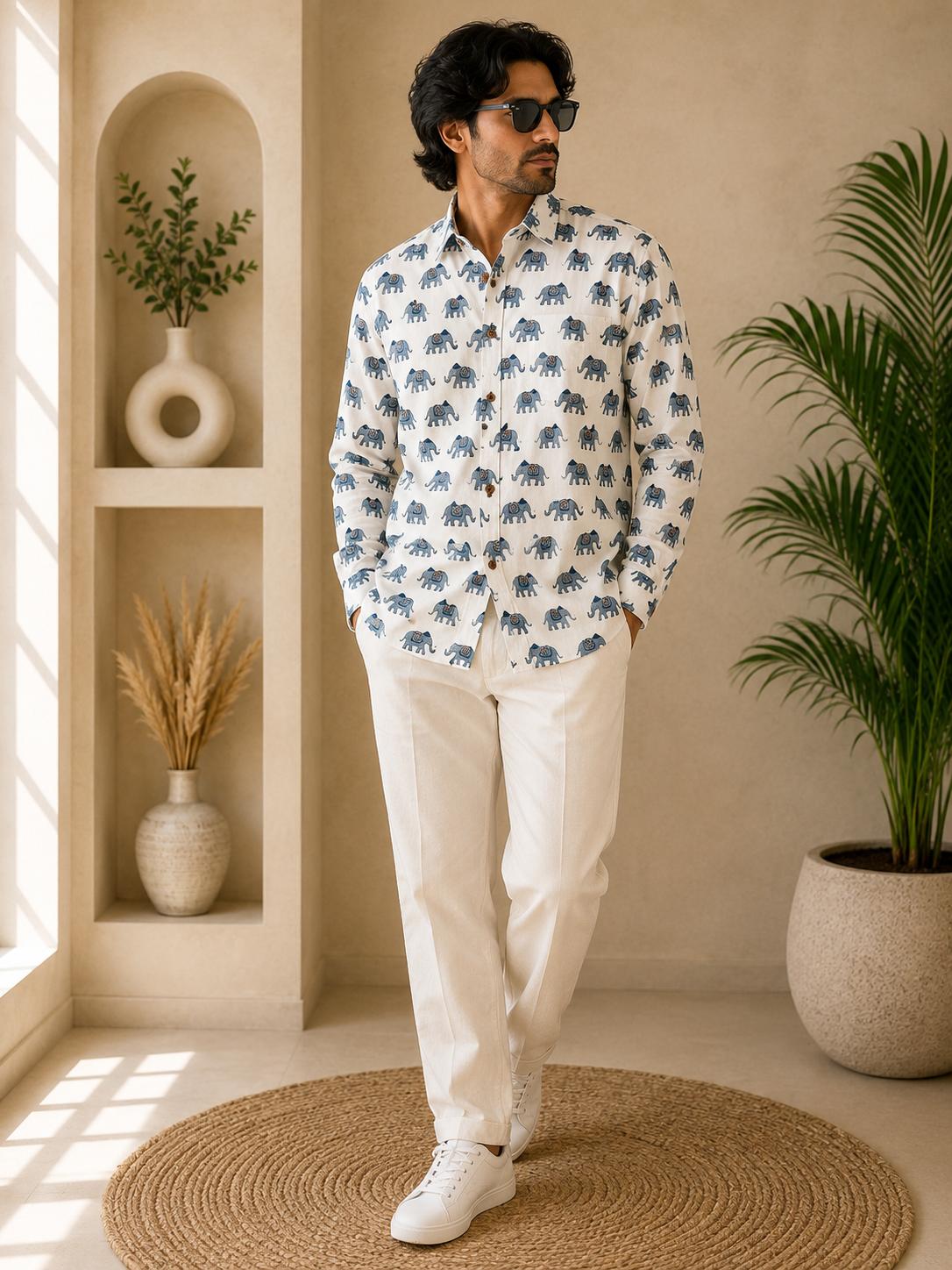 Men's White Blue Elephant Buti Sanganeri Block Print Full Sleeve Shirt