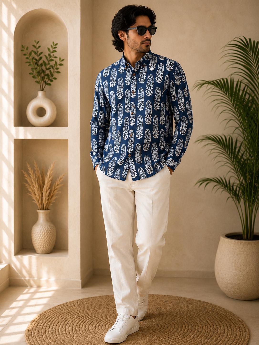 Men's Navy Blue Large White Paisley Sanganeri Block Print Full Sleeve Shirt