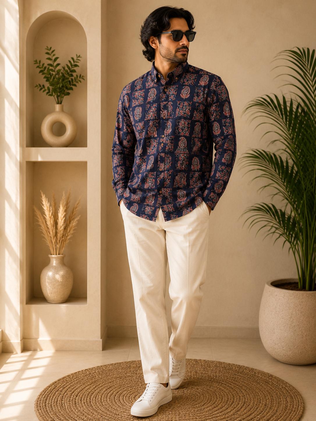 Men's Navy Blue Multicolour Paisley Floral Tile Sanganeri Block Print Full Sleeve Shirt