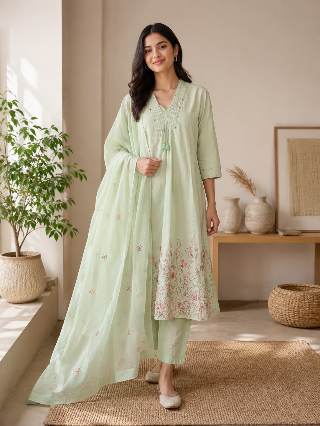 Mint Green Floral Embroidered Suit