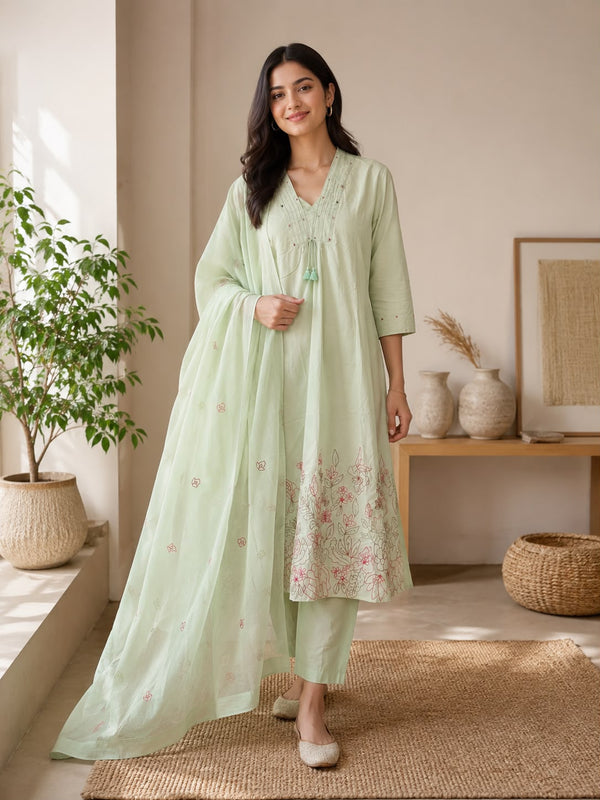 Mint Green Floral Embroidered Suit
