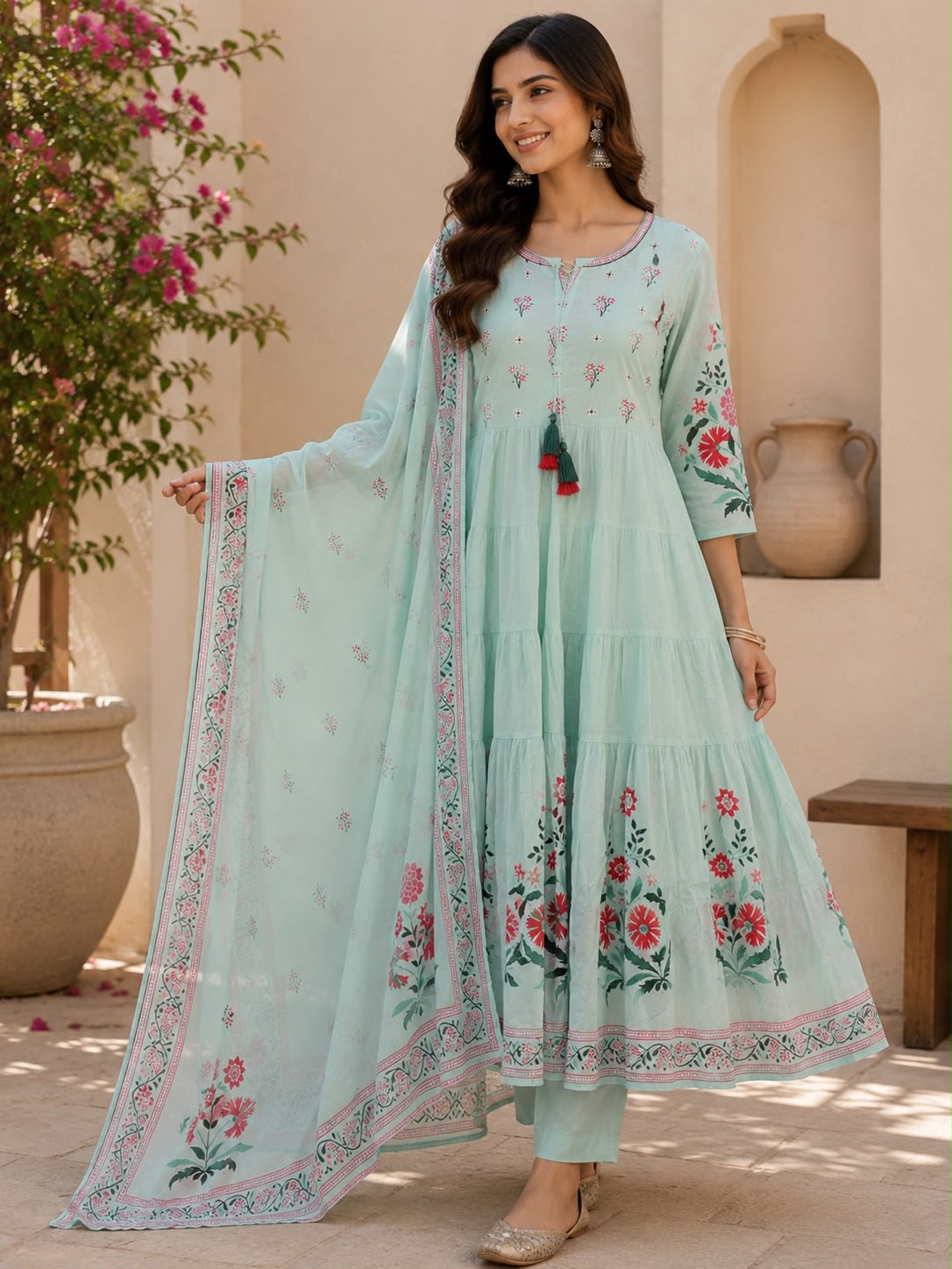 Sea Green Floral Print Tiered Anarkali Suit Set