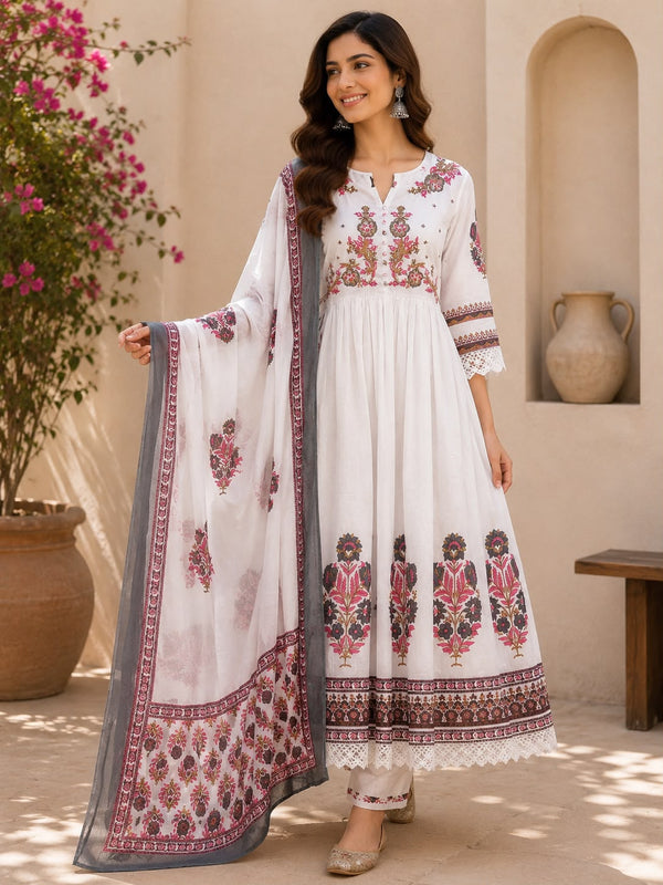 White Floral Print Anarkali Kurta Suit Set