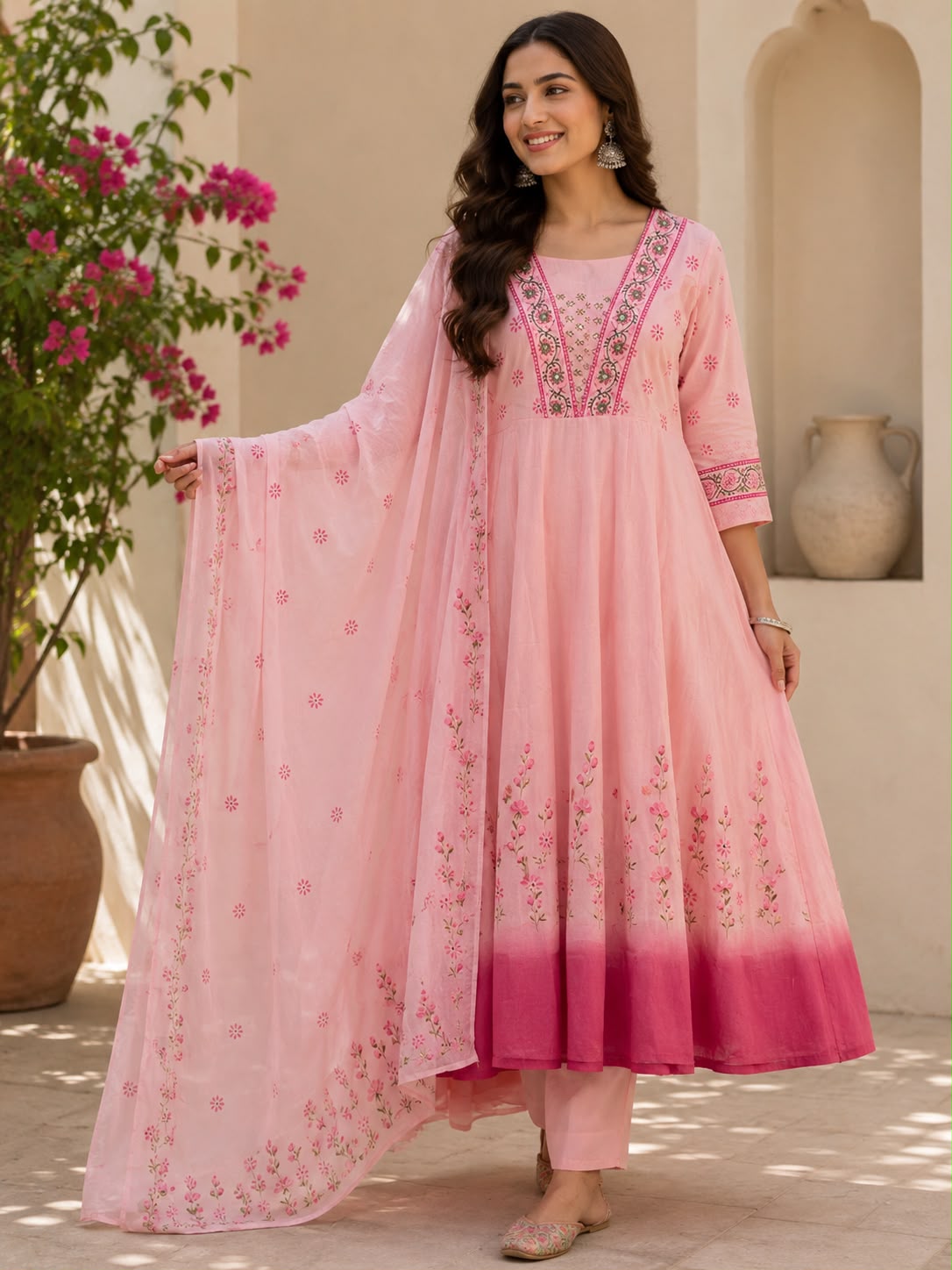 Pink Ombre Floral Embroidered Anarkali Suit Set