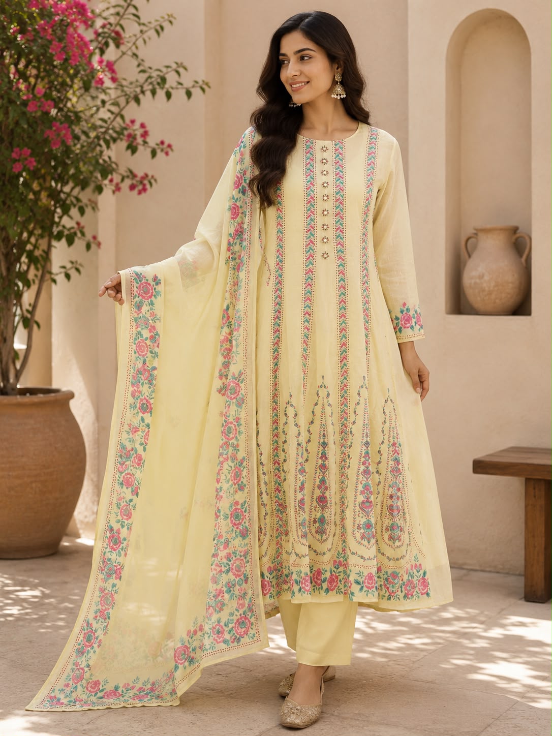 Pastel Yellow Floral Embroidered Kurta Suit Set