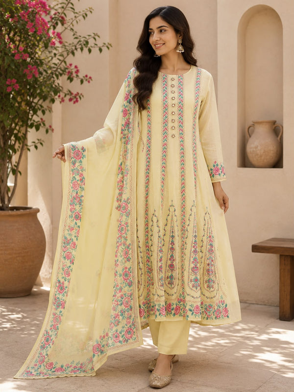 Pastel Yellow Floral Embroidered Kurta Suit Set