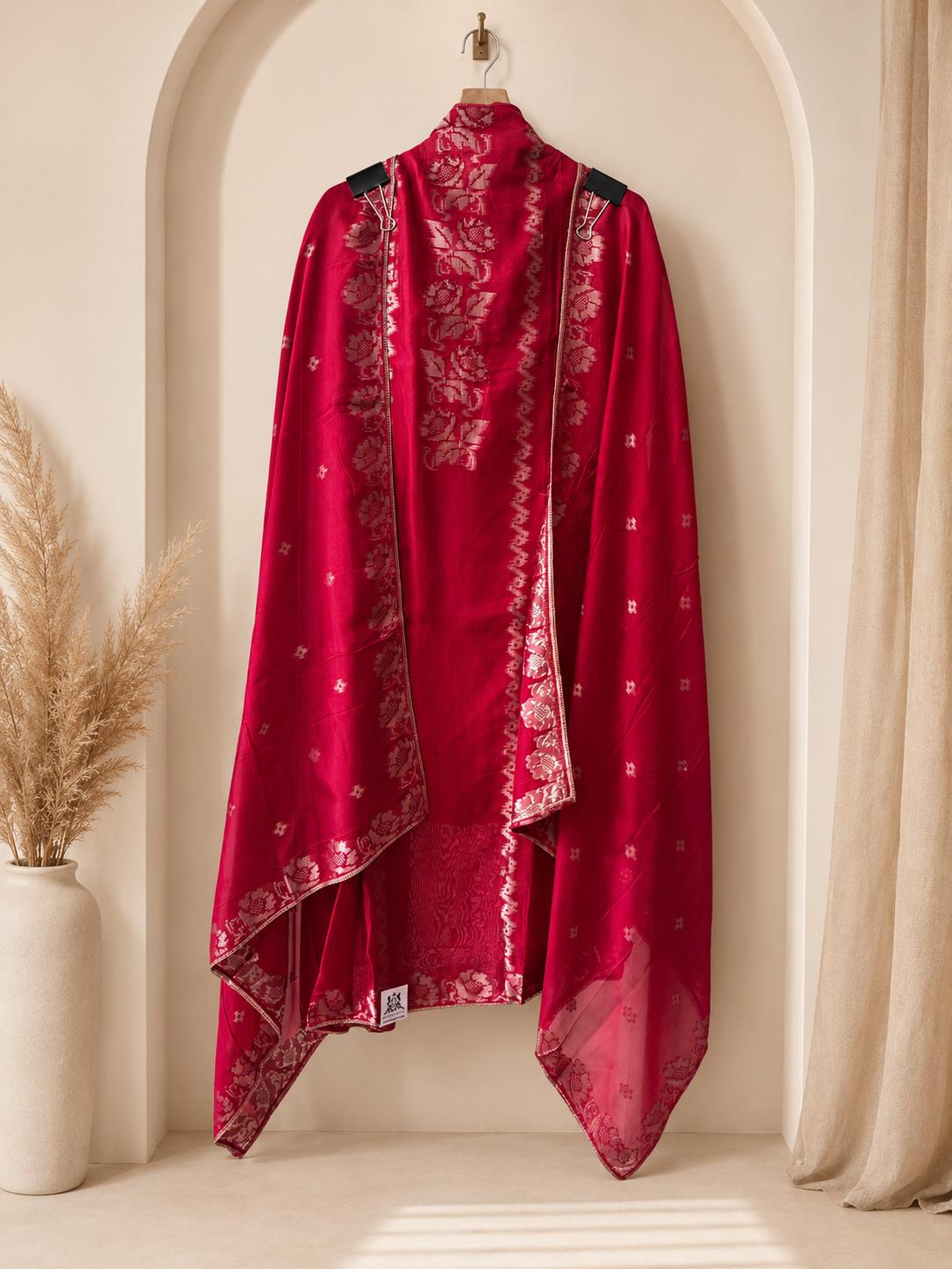 Luxurious unstitched heavy red suit crafted for sophisticated party wear