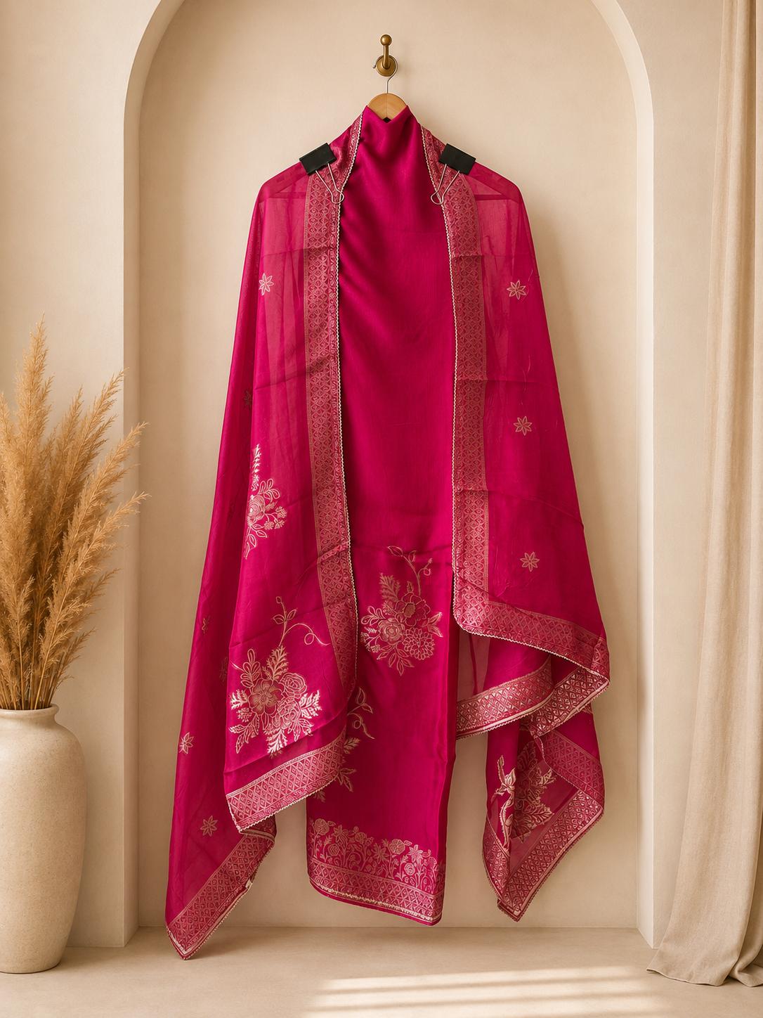 Luxurious unstitched heavy pink suit crafted for sophisticated party wear