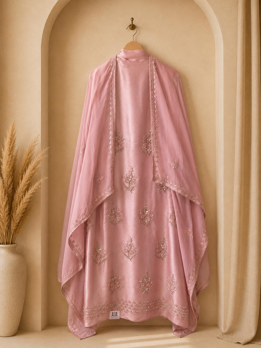 Luxurious unstitched baby pink suit crafted for discerning celebrations