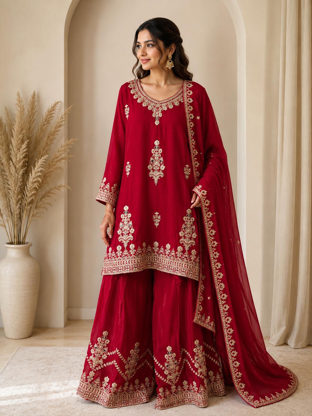 Red festive 3-piece suit set in premium chanderi silk, featuring intricate zari embroidery and a luxurious heavy dupatta.