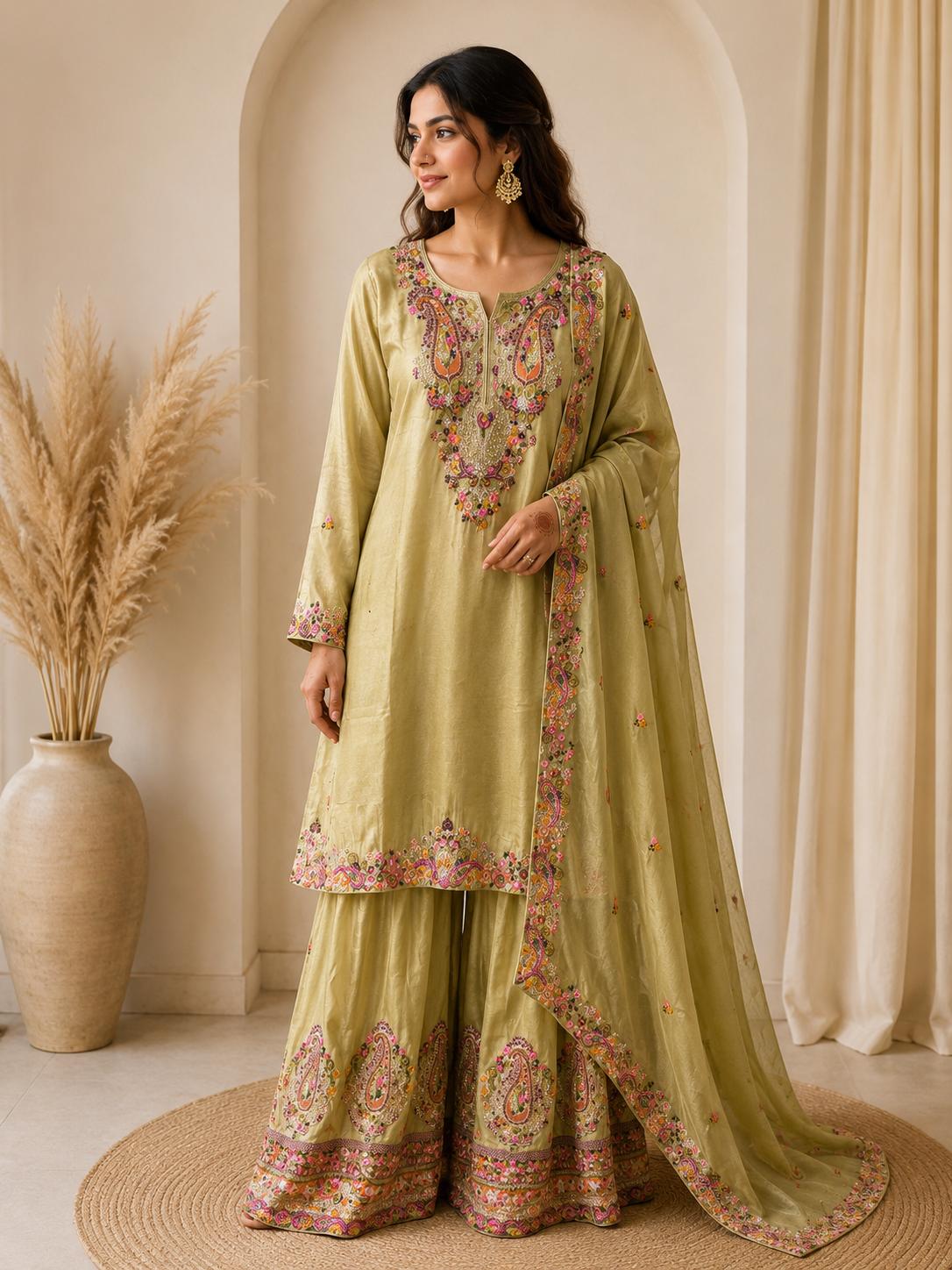 Green Festive Embroidered Suit Set with Heavy Dupatta