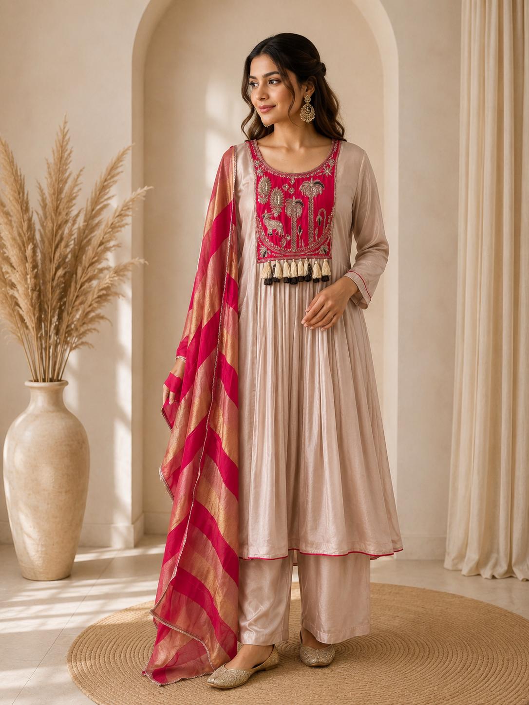 Green Festive Cream Suit with pink dupata Set with Heavy Dupatta