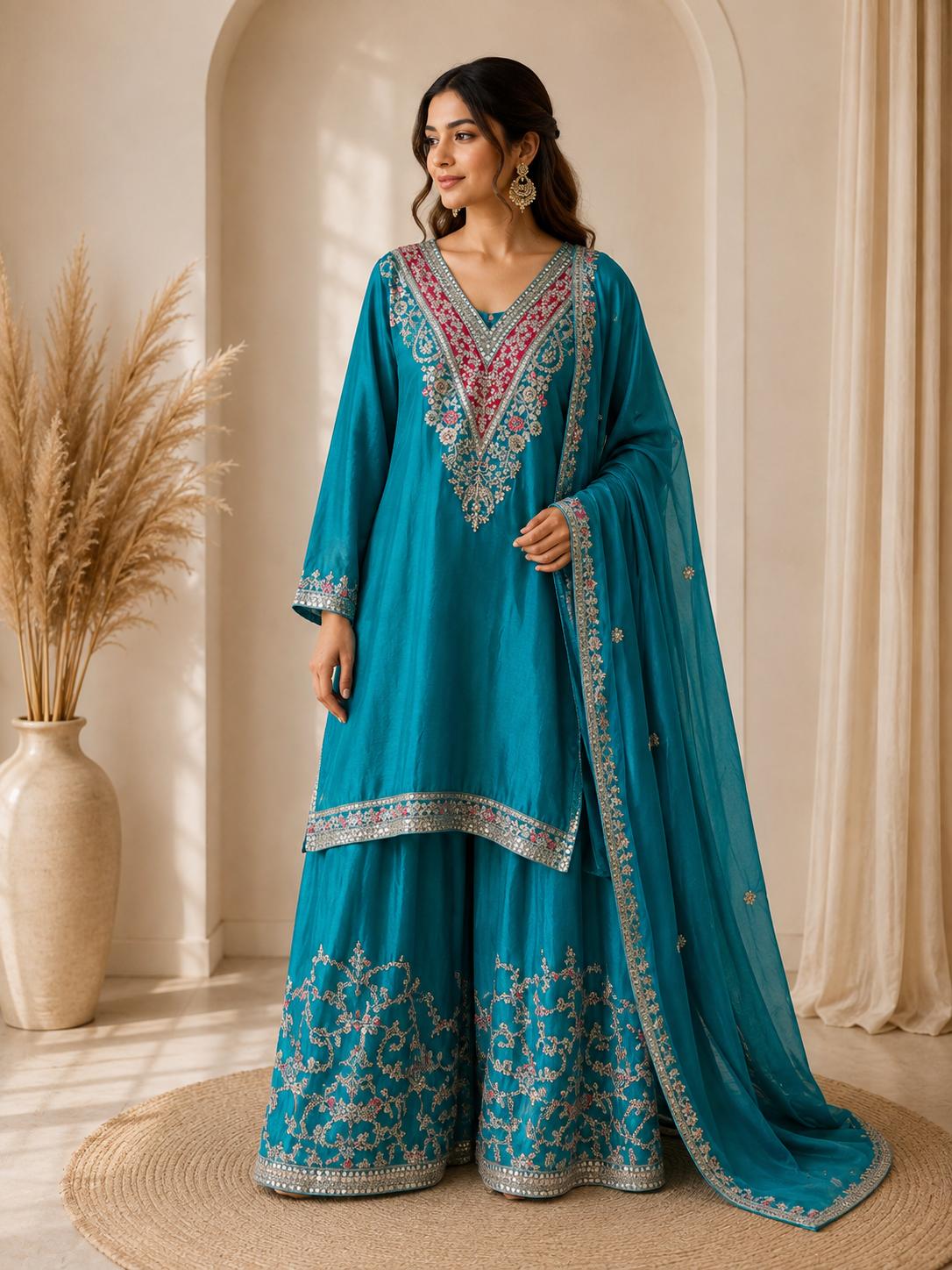 Peach Green Festive  Suit Dupata Set