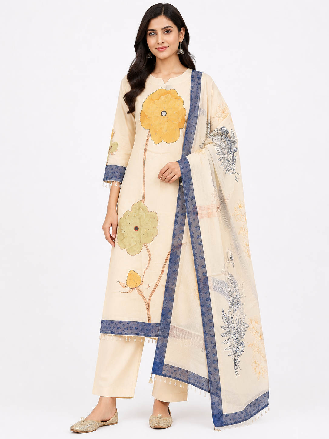 Cream Floral Printed Cotton Suit Set with Designer Dupatta for Women
