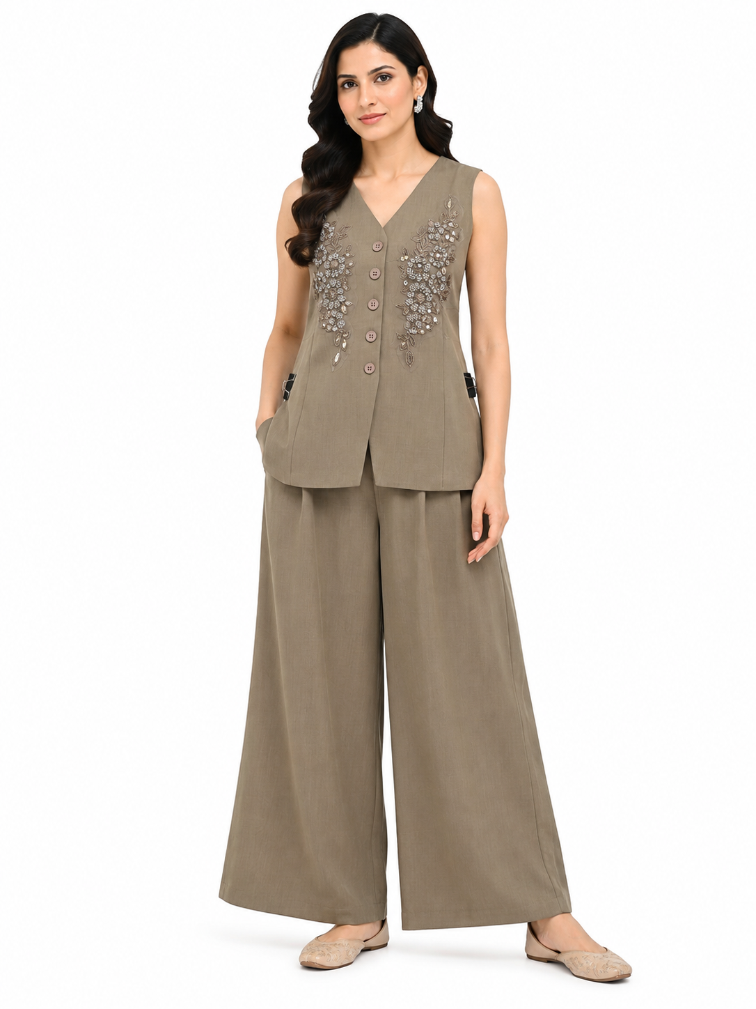 Elegant Taupe Embellished Co-Ord Set for Women